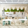 Kindergarten Classroom Interior With Green Wall Decor Colorful Pendant Lights And Child Friendly Furniture