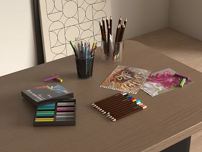 Wooden Desk Displaying Colored Pencils Crayons Artwork And Drawing Tools 3d model