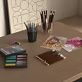 Wooden Desk Displaying Colored Pencils Crayons Artwork And Drawing Tools 3d model