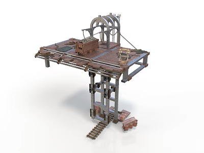 Industrial Mechanical Structure With Metal Frame Platform Gears Ladder And Bricks 3d model