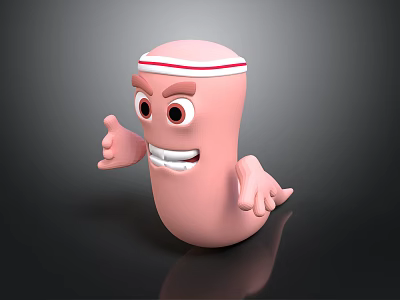 Pink Cartoon Character With Red White Striped Headband Big Eyes Smiling Face And Outstretched Arms 3d model