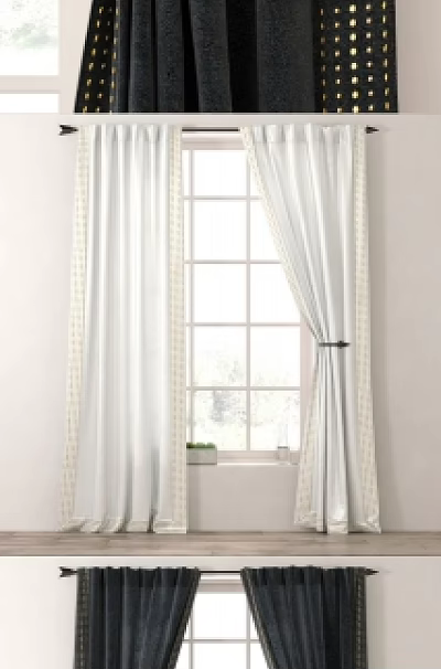 Dark And White Curtains With Gold Dots Light Trim And Tiebacks For Home Window Decor 3d model