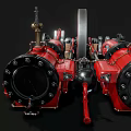Red Steam Locomotive Model With Large Wheels And Mechanical Parts On Black Background