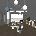 Vibrant Kindergarten Interior Design With Round Tables Colorful Stools Spherical Lights And Wooden Flooring