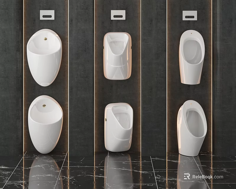 White Modern Urinals With Different Designs Mounted On Dark Wall And Shiny Floor 3d model 