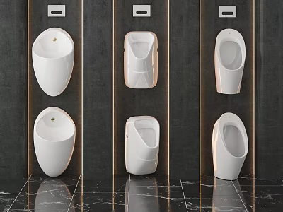 White Modern Urinals With Different Designs Mounted On Dark Wall And Shiny Floor 3d model