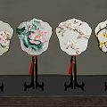 Fan Shaped Ornamental Decorative Set With Floral Patterns And Black Stands