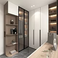 Modern Walk in Closet Interior With White Cabinets Glass Doors And Wooden Shelves