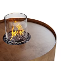Modern Round Wooden Base Fireplace with Transparent Glass Enclosure Flames and Pebbles