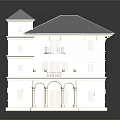 Classic Two Story Residential Building With Blue Roof Beige Exterior Balcony And Arched Porch