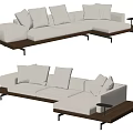 White Sectional Sofa With Plush Cushions And Wooden Base Side Table 3d model