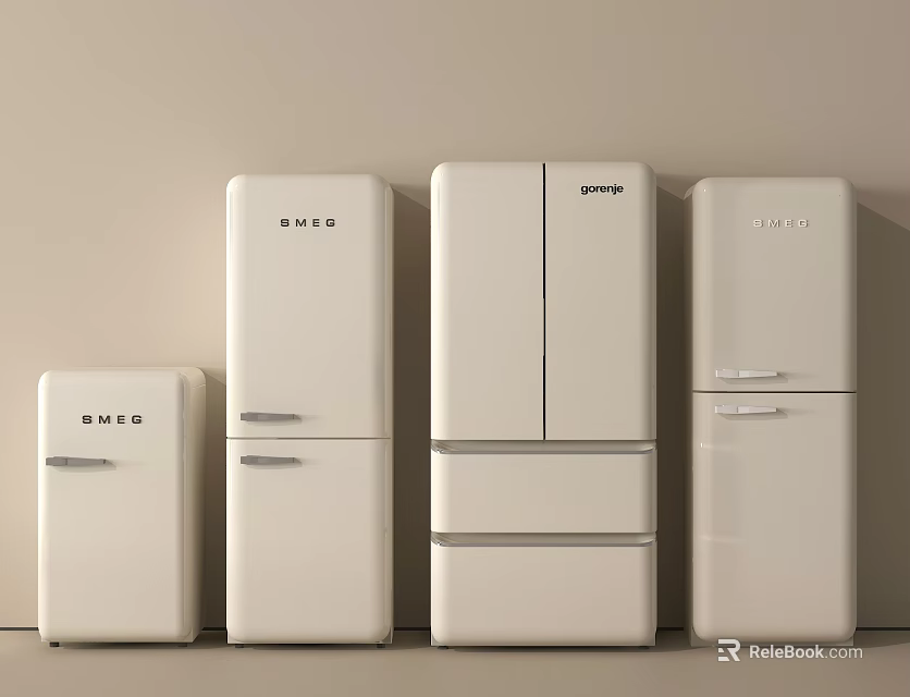 SMEG White Refrigerators Various Sizes Displayed in a Row Modern Design 3d model 
