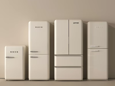 SMEG White Refrigerators Various Sizes Displayed in a Row Modern Design 3d model