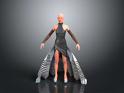 Stylish Black And White Striped High Neck Long Sleeve Dress With Asymmetrical Hem Design 3d model