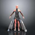 Stylish Black And White Striped High Neck Long Sleeve Dress With Asymmetrical Hem Design