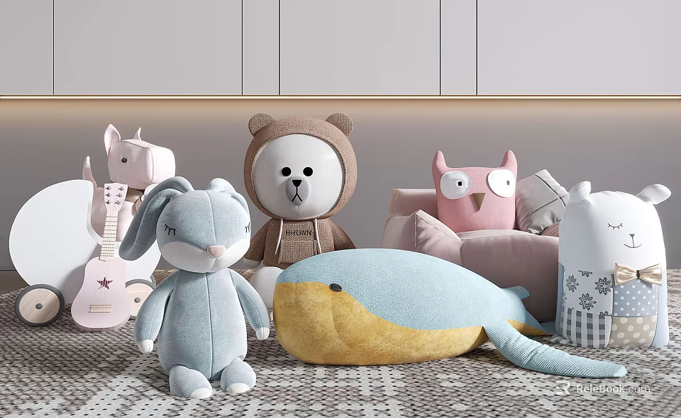 Collection of Plush Stuffed Bunny Bear Owl Whale Dinosaur and Guitar Shaped Toys 3d model 
