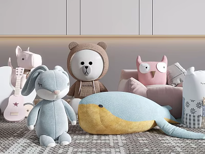 Collection of Plush Stuffed Bunny Bear Owl Whale Dinosaur and Guitar Shaped Toys 3d model
