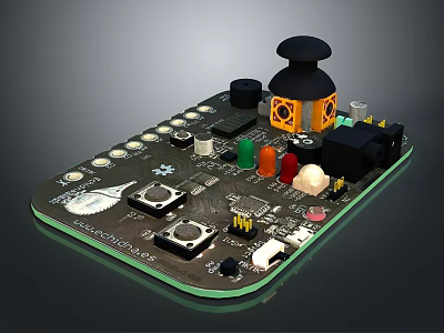 Close Up View Of Circuit Board With Electronic Components Knobs And Colored Parts 3d model