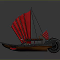 Unique Water Vessel With Red Sails White Sun Symbol And Decorative Hull Design