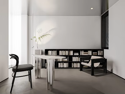 Modern Study Room Interior With Bookshelf Desk Chair Plant And Natural Light 3d model