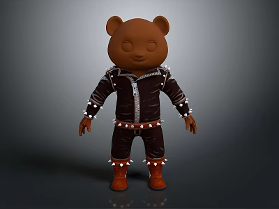 Brown Bear Doll Wearing Black Leather Jacket with Studs Brown Leather Pants and Boots 3d model