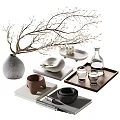Minimalist Decorative Ornament Set With Ceramic Vase Branches Wooden Tray Glass Cups And Black Bowl