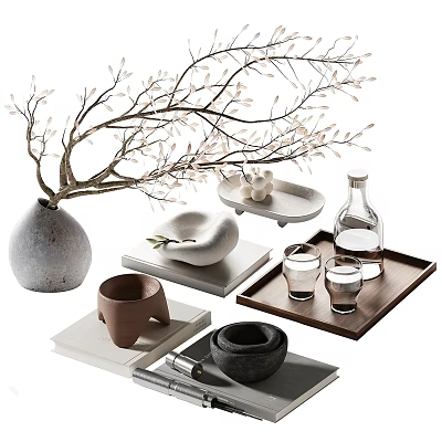 Minimalist Decorative Ornament Set With Ceramic Vase Branches Wooden Tray Glass Cups And Black Bowl 3d model