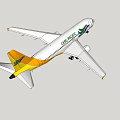 White Passenger Airplane With Green Logo And Yellow Tail Design Elements