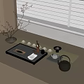 Elegant Tea Set With Tray Cups Teapot And Decorative Branches On Light Tabletop 3d model