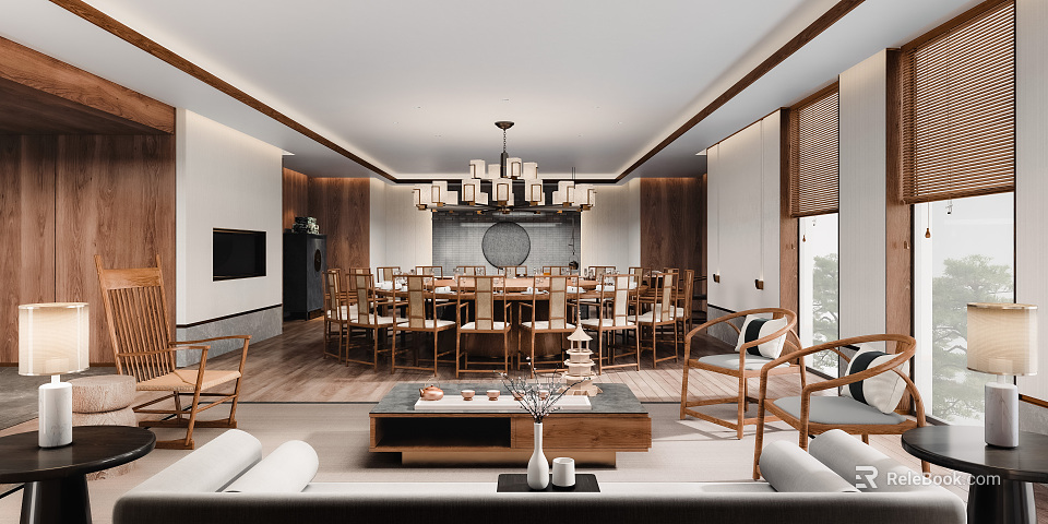 Private Dining Room in Traditional Chinese Style Featuring Round Table Chairs Chandelier and Tea Table 3d model 