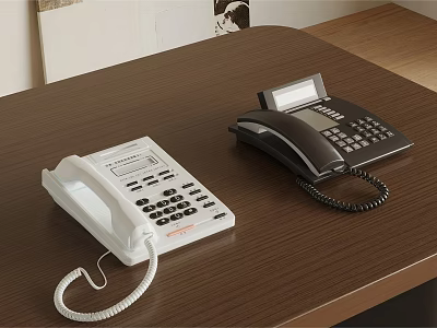 White and Black Telephones Placed on Wooden Table for Daily Use 3d model