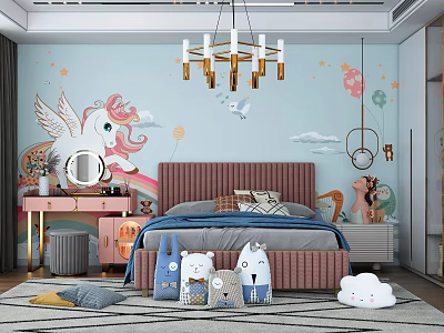 Light Blue Kids Room With Unicorn Mural Stars Balloons Pink Headboard And Stuffed Toys 3d model
