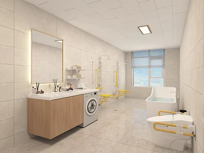 Public Toilet Featuring Light Tile Walls Mirrored Sink Counter Yellow Grab Bars Bathtub And Window 3d model