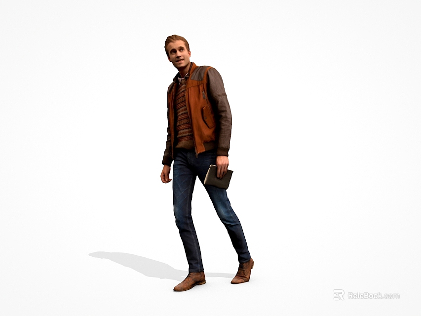 Man Dressed In Brown Jacket Jeans And Shoes Holding Black Item 3d model 
