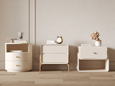 Elegant White Bedside Tables With Drawers Alarm Clock Vase And Books 3d model
