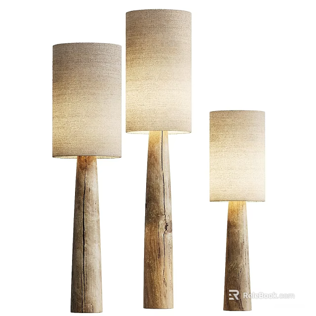 Natural Wooden Floor Lamps With Light Colored Linen Shades For Home Decor 3d model 