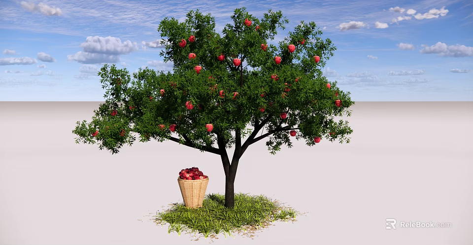 Fruit Bearing Tree With Red Fruits And Basket Under Green Grass And Blue Sky 3d model 