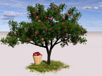 Fruit Bearing Tree With Red Fruits And Basket Under Green Grass And Blue Sky 3d model