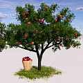 Fruit Bearing Tree With Red Fruits And Basket Under Green Grass And Blue Sky