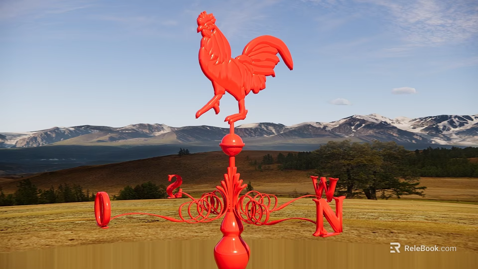 Red Rooster Weathervane Landscape Sculpture In Outdoor Mountain Grassland With Blue Sky 3d model 