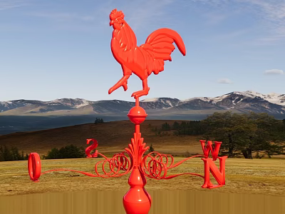 Red Rooster Weathervane Landscape Sculpture In Outdoor Mountain Grassland With Blue Sky 3d model