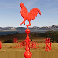 Red Rooster Weathervane Landscape Sculpture In Outdoor Mountain Grassland With Blue Sky