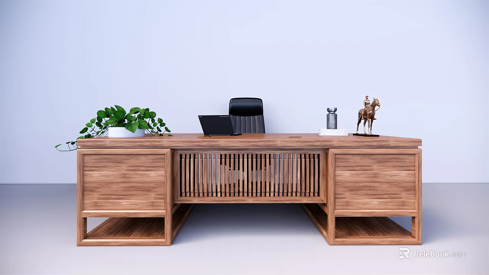 Modern Wooden Office Desk With Green Plant Laptop Horse Figurine And Lattice Design 3d model 