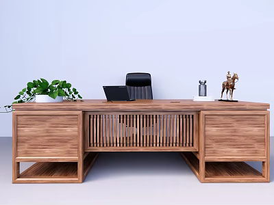Modern Wooden Office Desk With Green Plant Laptop Horse Figurine And Lattice Design 3d model