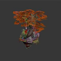 Decorative Orange Leaf Tree With Rocks And Small Plants On Wooden Base