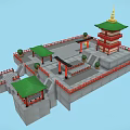 Cartoon Chinese Tower Scene With Green Roofs Red Decorations Stone Pavilions And Steps