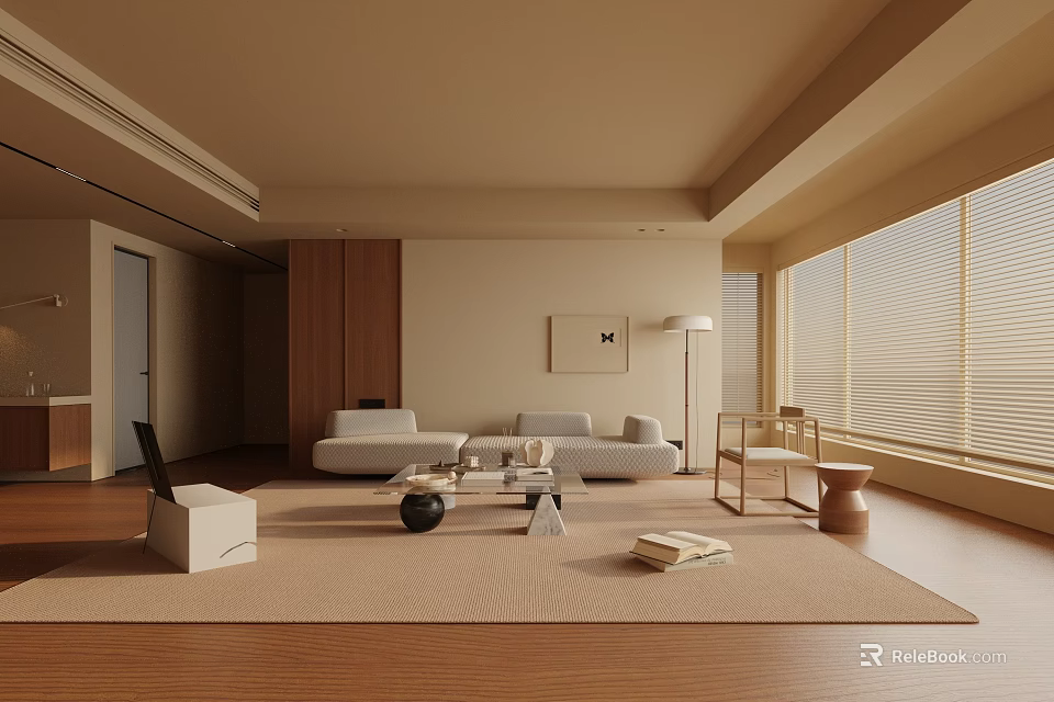 Modern Living Room With Beige Sofa Wooden Floor Rug Floor Lamp Blinds And Decorative Painting 3d model 