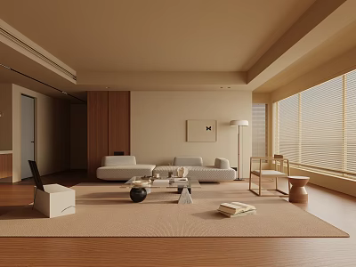 Modern Living Room With Beige Sofa Wooden Floor Rug Floor Lamp Blinds And Decorative Painting 3d model