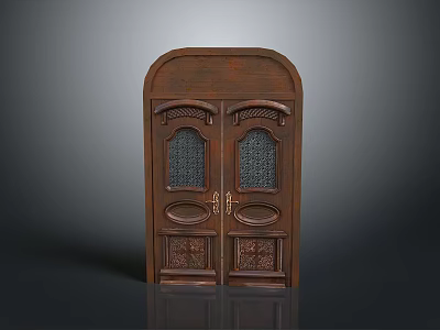 Elegant Wooden Double Doors With Arched Top Intricate Carvings And Glass Panels 3d model
