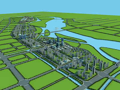Aerial View Urban Planning Featuring River Green Spaces Road Network And Building Layout 3d model